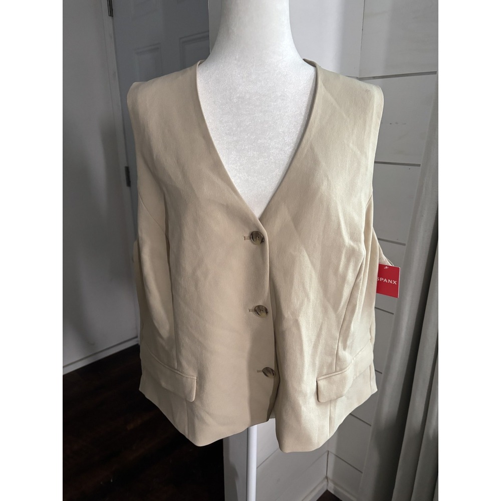 Spanx Crepe Vest Womens 3X Beige‎ Tahini Button Front Sleeveless Blazer NWT Plus